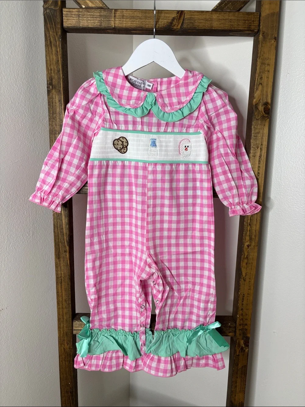 Pink Gingham Smocked Christmas One-Piece with Mint Ruffle Trim Size 18M